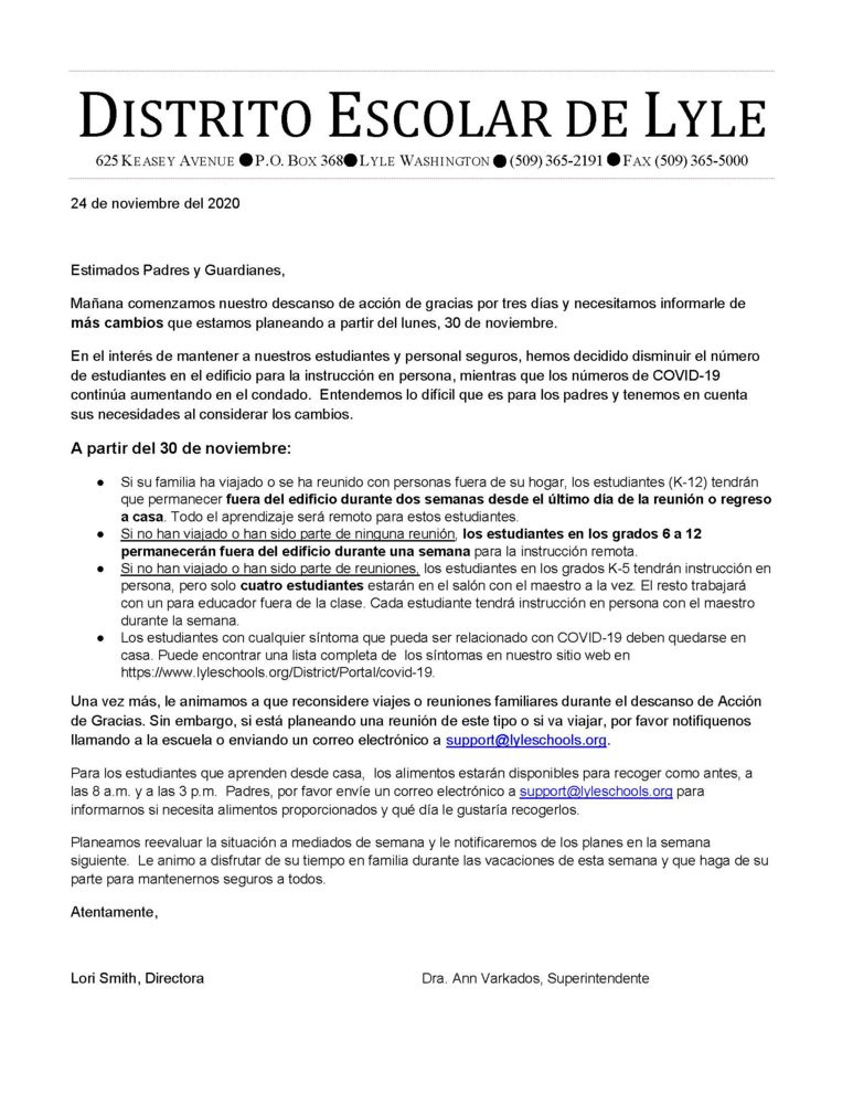 Spanish version November 24 letter re reduced number of students at school