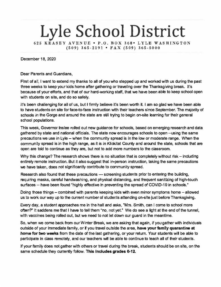 Page 1 of parent letter from Principal Smith
