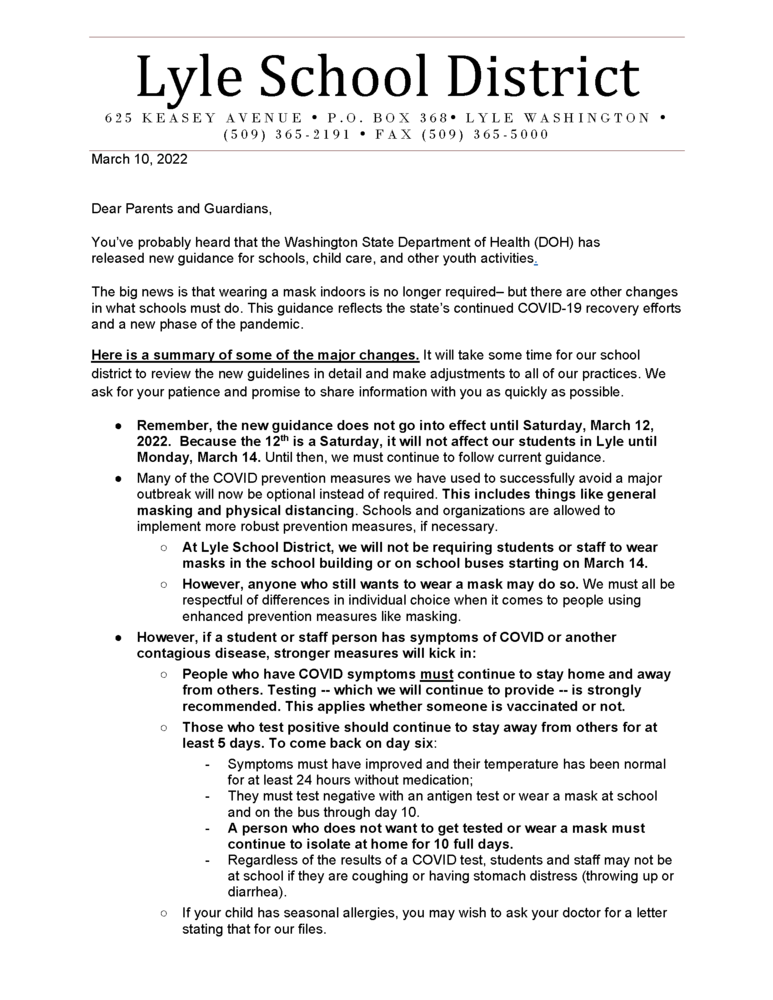 March 10 Parent Letter re State Requirements