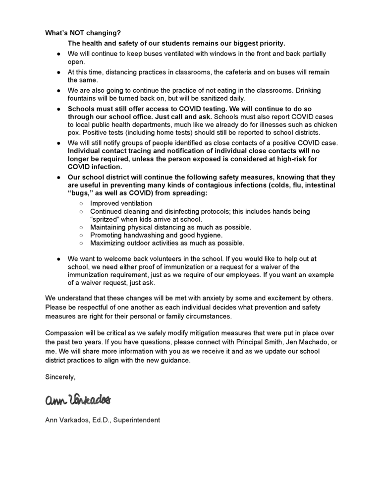 Page 2, March 10 2022 Parent Letter re State Changes