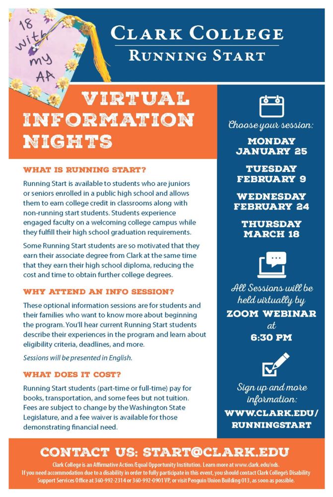Clark College Flyer on Running Start Info Session